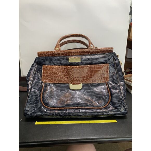 Samantha Brown Blue and Brown Croc Embossed Traveler Overnight Carrier Tote Bag - Picture 1 of 9
